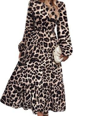 SHEIN Beige & Black Leopard Print Maxi Dress with Balloon Sleeves